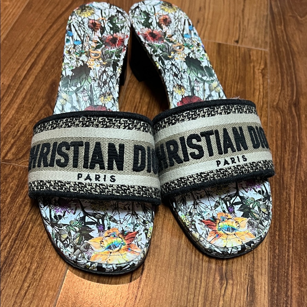 Authentic Dior Floral Print Mules with Black Trim